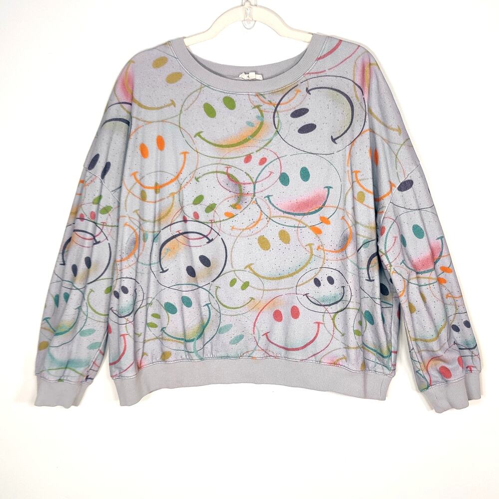 Easel Smiley Face Graffiti Sweatshirt Gray Cotton Crewneck Size L